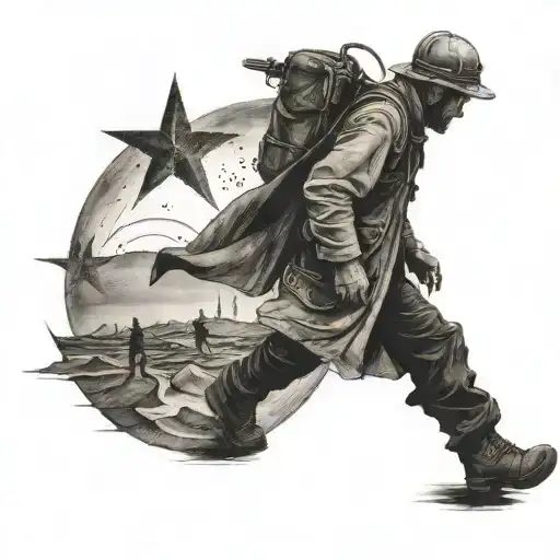 A Man Walking Towards A Guiding Star Across Scorched Earth