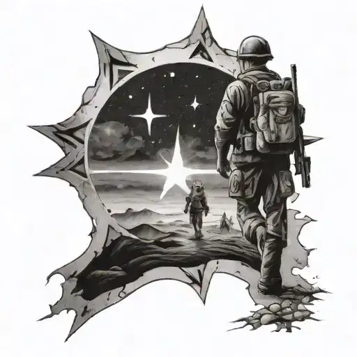 A Soldier Walking Towards A Guiding Star Across Scorched Earth