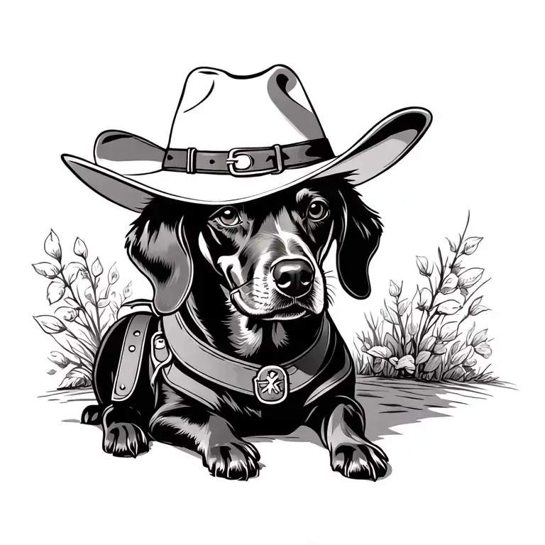 Black Weiner Dog With Cowboy Hat And Saddle Adorned