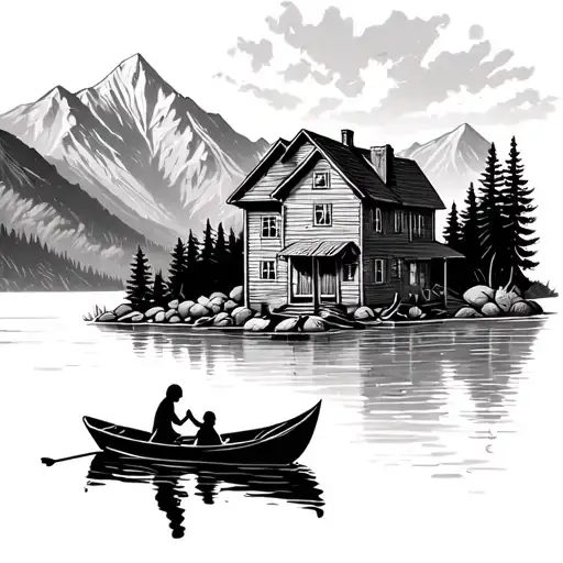 A House In The Mountains Next To A Lake With Figures Of A Mother And Two Children In A Boat