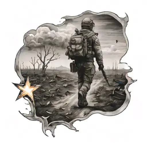 Soldier Walking Across A Scorched Field Towards A Star