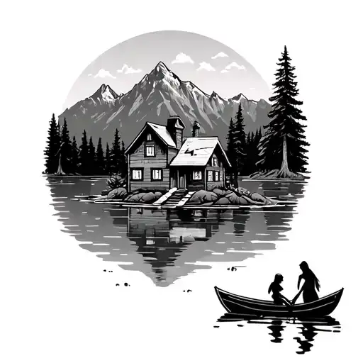A House In The Mountains Next To A Lake With Figures Of A Mother And Two Children In A Boat