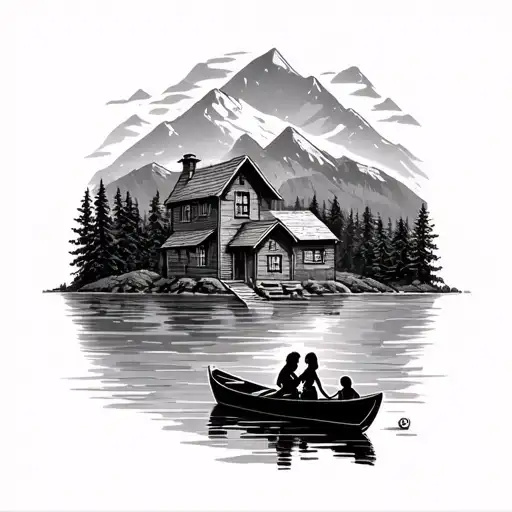 A House In The Mountains Next To A Lake With Figures Of A Mother And Two Children In A Boat