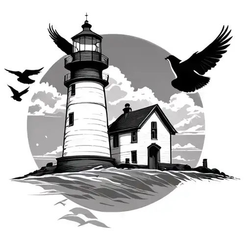 Light House With Doves Flying And Coordinates