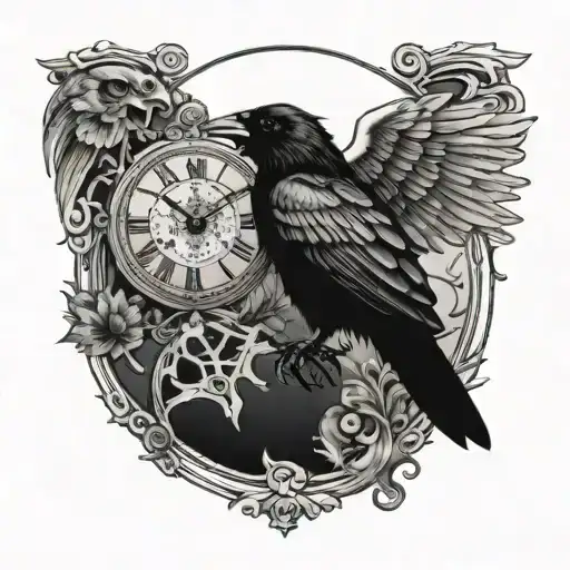 Raven And Skull With Clock Face