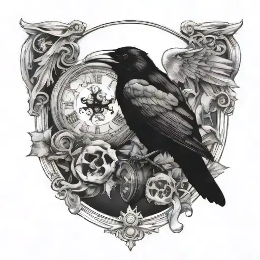 Raven And Skull With Clock Face