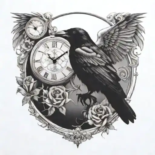 Raven And Skull With Clock Face Back Ground