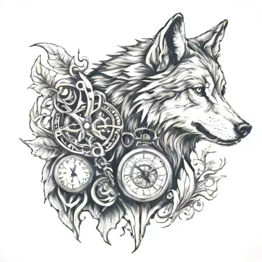 Wolf With Pocket Watch In Its Mouth Overshadowed By Death Depicted In A Glass Vessel