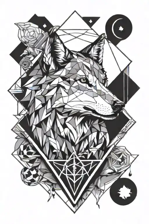 Black And White Geometric Wolf Inside A Diamond Shape With A Crescent Moon Minimal Lines