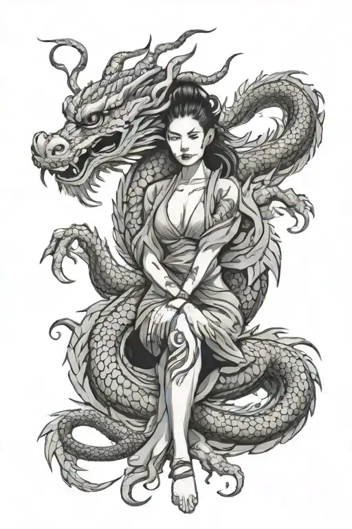 Chinese Dragon With A Woman Posing
