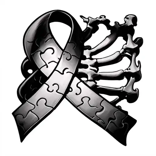 Awarness Ribbon Made Of Autism Puzzle Pieces On One Side Fading Into Spinal Bones On The Other Side