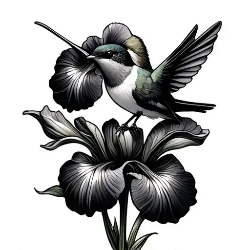 Hummingbird Sitting On An Iris Flower Intertwined