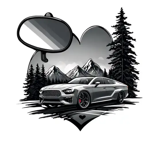 Car's Mirror With Mountain And A Heart
