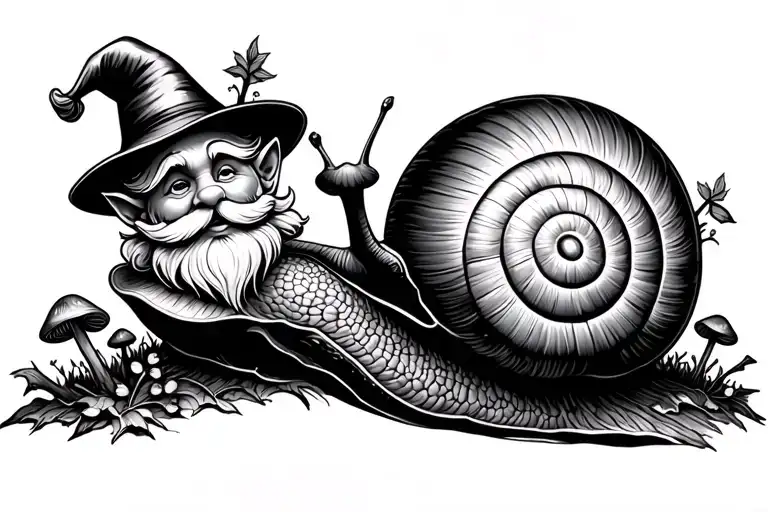 Gnome With Tall Hat And Beard Riding A Snailw Ith Forest Mushrooms
