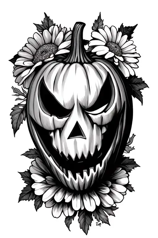 Scary Jack O Lantern With Marigolds And Nightshade