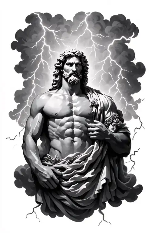 Zeus With Lightning Bolts In Storm Clouds Surrounding