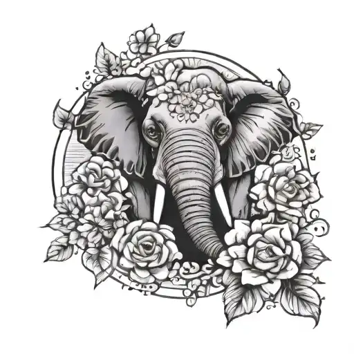 The Head Of An Elephant With Flowers Around It