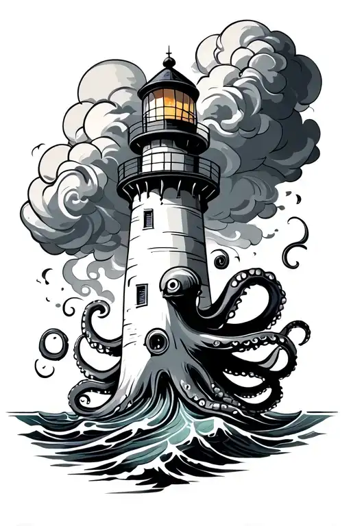 Lighthouse With Octopus Coming Out Of Water And Clouds