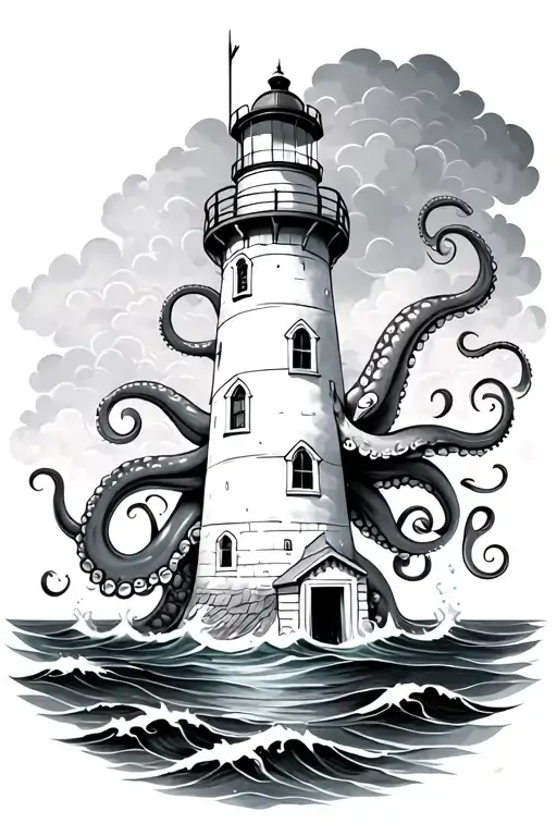 Lighthouse With Octopus Tentacles Coming Out Of Water And Clouds