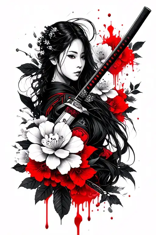 Katana With Sakura Flowers And Blood