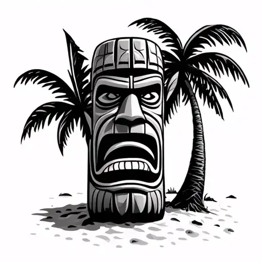Tiki Statue Beach With Palm Tree
