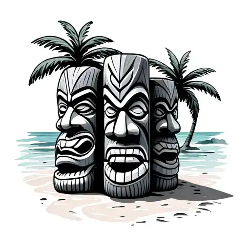 3 Tiki Statue Beach With Palm Tree