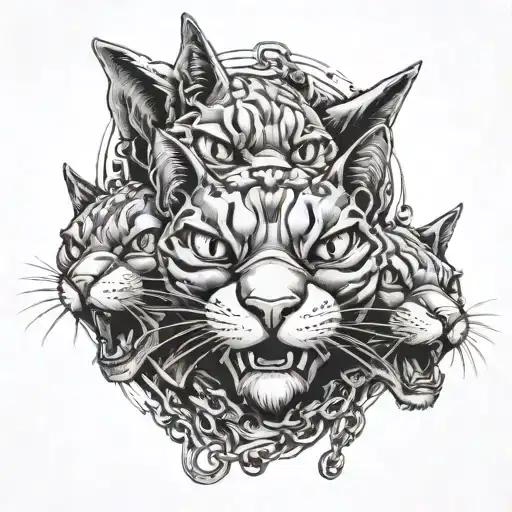 3Headed Cat With A Chain Around Their Mouth Open