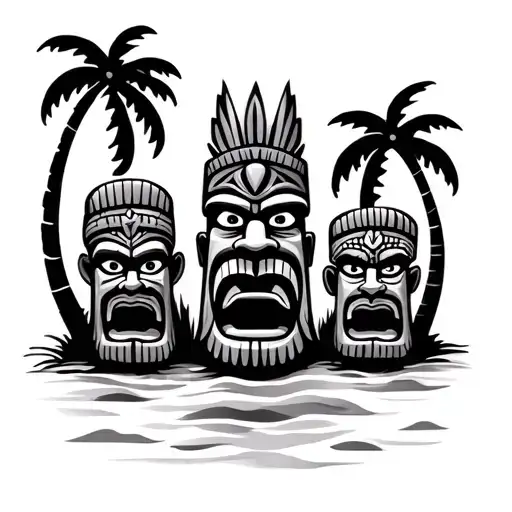 4 Tiki Gods On Beach With Palm Trees