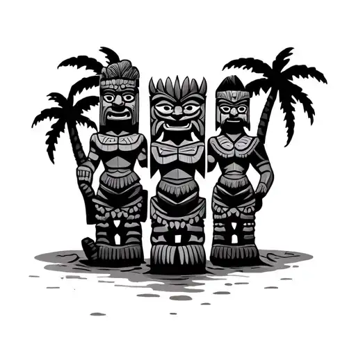 4 Tiki Gods On Beach With Palm Trees Detailed Backround
