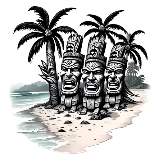 4 Tiki Gods On Beach With Palm Trees Detailed Blackwork
