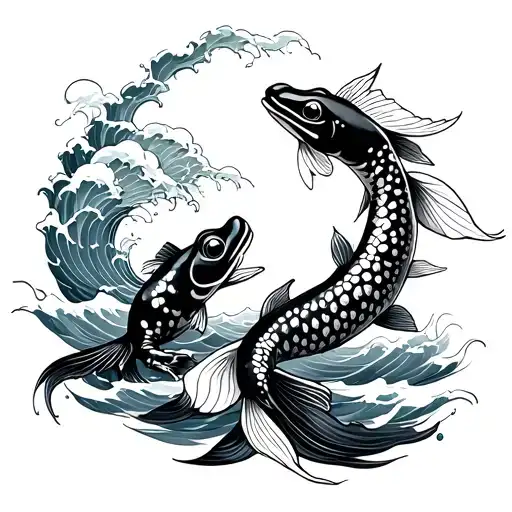 Japanese Koi And Frog On Waves