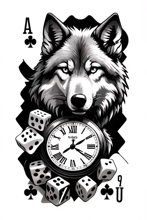 Clock Wolf And 4 Aces Cards And Dice Rolling