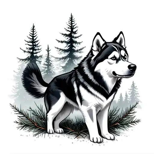 Husky And Pine Forest