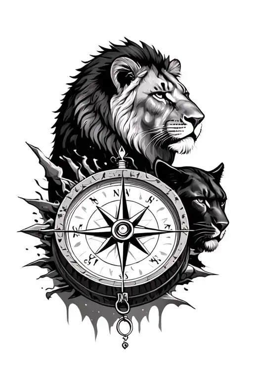 Compass With A Lion And Black Panther Emerging