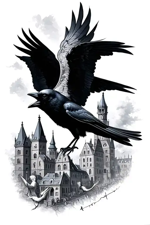 A Flying Crow Anove The City Of Delft With Angels Modern Oldschool