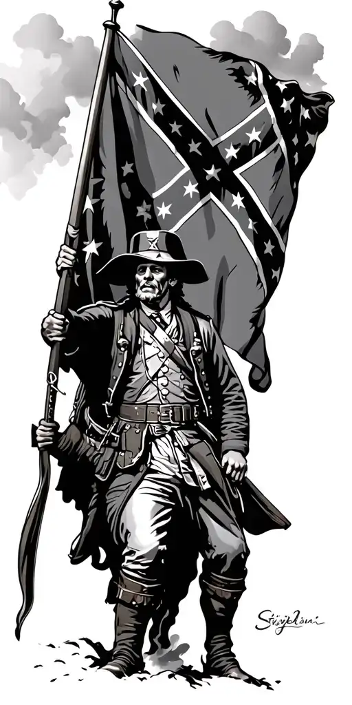 Confederate Soldier Holding Flag Riding Into Battle With Lots Of Detail