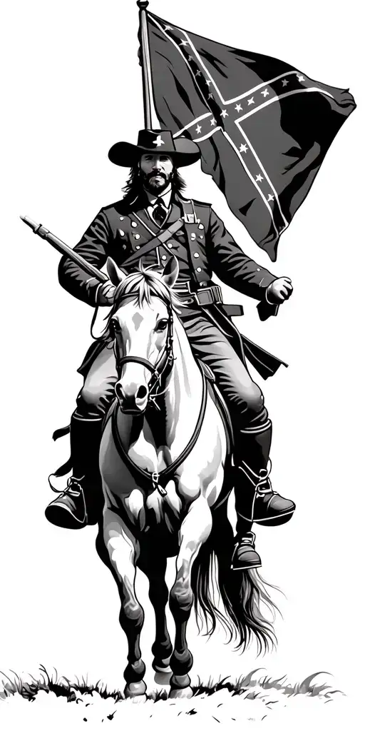 Confederate Soldier Holding Flag Riding A Horse Into Battle With Lots Of Detail