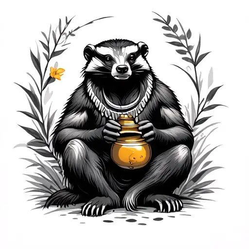 Honey Badger Sitting Indian Style While Holding A Small Honeypot