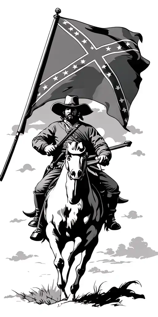 Confederate Soldier Holding Flag Riding Into The Sunset Towards