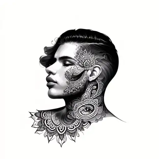 Mandala Neck Tattoo On Neck For Men With Ocean Snow And Womend Lips On The Side