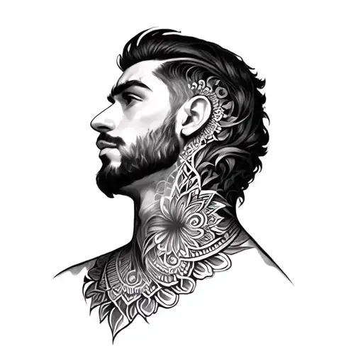 Mandala Neck Tattoo On Neck For Men With Ocean And Snow