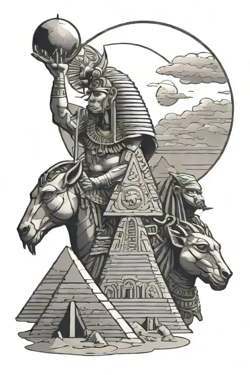 Egyptian Gods Thoth And Bastest Pyramids Sun Moon