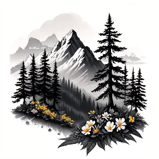 Mountain Range With Trees And Flowers Underneath
