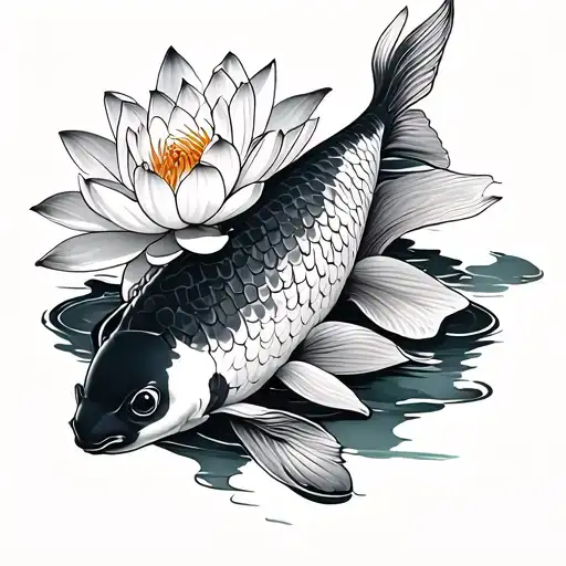 Koi And Lotus Flower Blooming