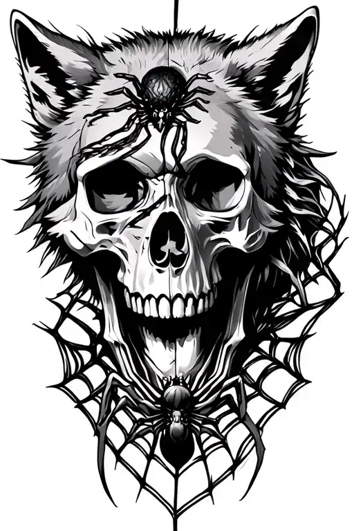 Skull With Spider And Wolf And Web Intertwined