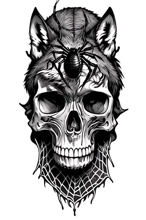 Skull With Spider And Wolf And Web Intertwined