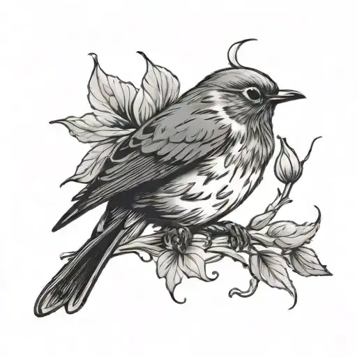 Robin On Flower And Leaves And Waves Crashing