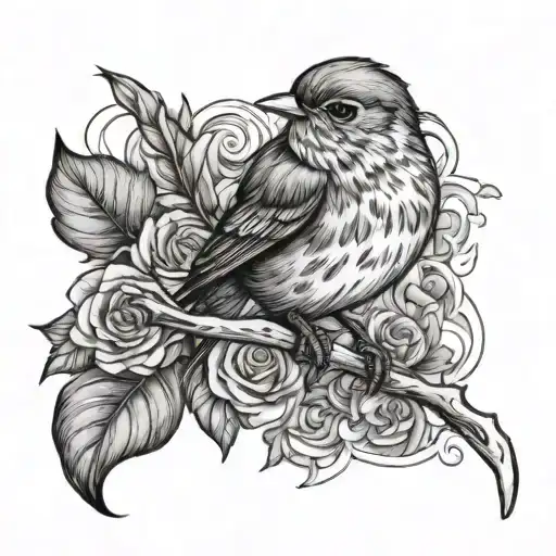 Robin On Flower And Leaves And Waves Crashing