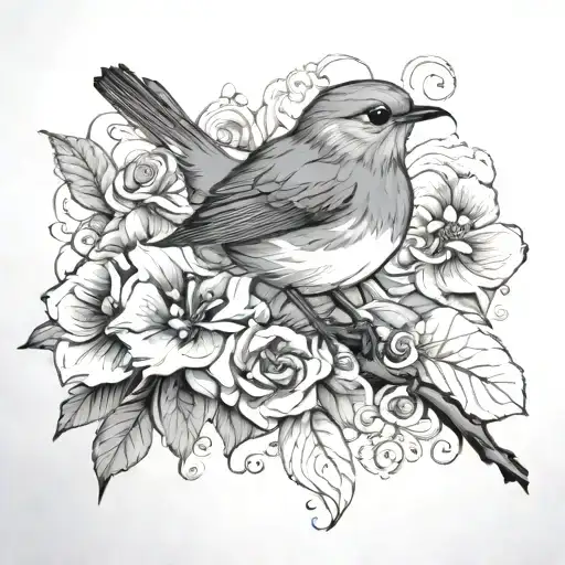 Robin On Flower And Leaves And Waves Crashing