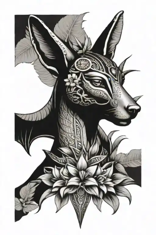 Female Egyptian Anubis God Surrounded By Frangipani And Island Patterns